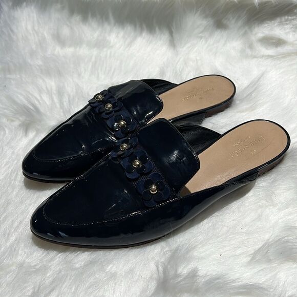 Kate Spade ♠️ Navy Slip-On Patent Leather Loafers with Floral Accent Sz 8M.  B72 - Picture 2 of 8